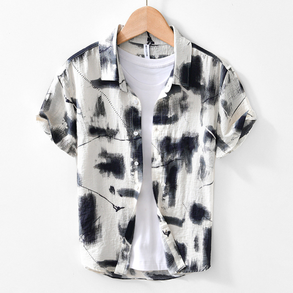 薄款印花短袖襯衫(2色) 透氣棉麻服飾,親膚涼爽,輕量通風,適合夏日穿著,復古衣著,休閒服飾,清涼透氣,日系風格,簡約服飾,男裝,秋冬穿著,中性服飾,春夏穿著,套裝