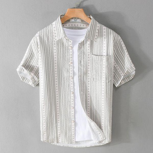 簡約條紋短袖襯衫 透氣棉麻服飾,親膚涼爽,輕量通風,適合夏日穿著,復古衣著,休閒服飾,清涼透氣,日系風格,簡約服飾,男裝,秋冬穿著,中性服飾,春夏穿著,套裝