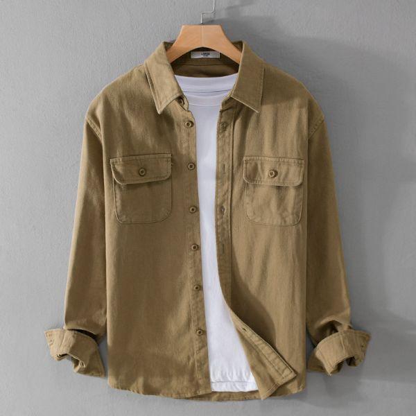棉質雙口袋長袖襯衫(2色) 透氣棉麻服飾,親膚涼爽,輕量通風,適合夏日穿著,復古衣著,休閒服飾,清涼透氣,日系風格,簡約服飾,男裝,秋冬穿著,中性服飾,春夏穿著,套裝