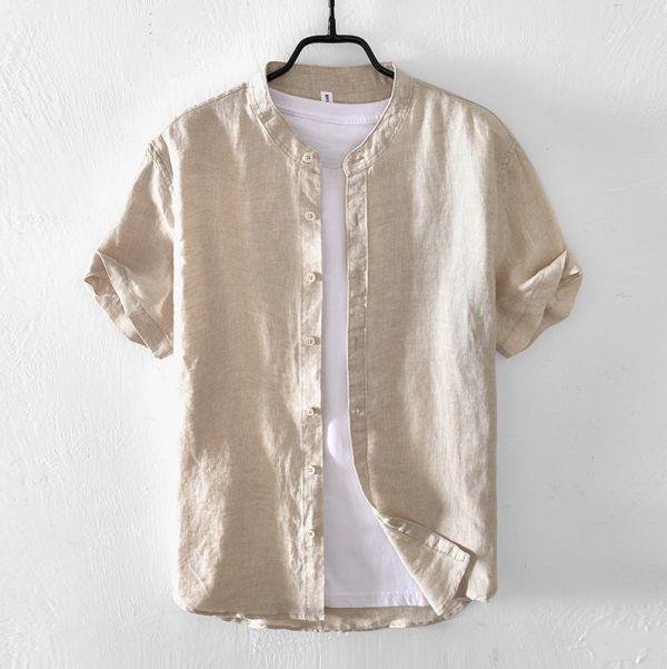 小立領短袖襯衫 透氣棉麻服飾,親膚涼爽,輕量通風,適合夏日穿著,復古衣著,休閒服飾,清涼透氣,日系風格,簡約服飾,男裝,秋冬穿著,中性服飾,春夏穿著