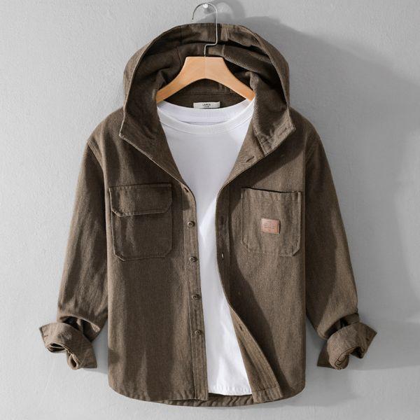雙口袋連帽工裝外套 透氣棉麻服飾,親膚涼爽,輕量通風,適合夏日穿著,復古衣著,休閒服飾,清涼透氣,日系風格,簡約服飾,男裝,秋冬穿著,中性服飾,春夏穿著,套裝