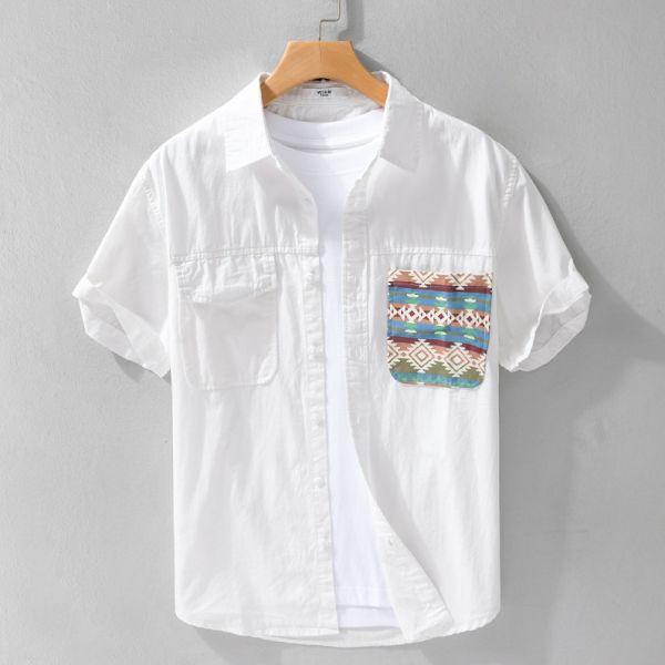 翻領印花短袖襯衫(3色) 透氣棉麻服飾,親膚涼爽,輕量通風,適合夏日穿著,復古衣著,休閒服飾,清涼透氣,日系風格,簡約服飾,男裝,秋冬穿著,中性服飾,春夏穿著,套裝