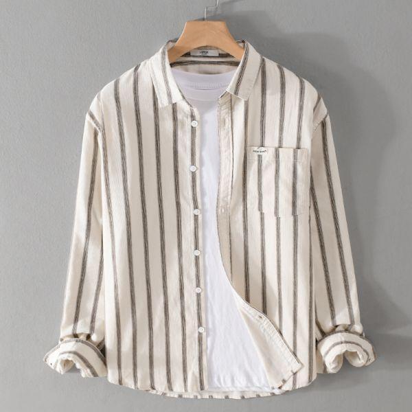 單口袋條紋長袖襯衫 透氣棉麻服飾,親膚涼爽,輕量通風,適合夏日穿著,復古衣著,休閒服飾,清涼透氣,日系風格,簡約服飾,男裝,秋冬穿著,中性服飾,春夏穿著
