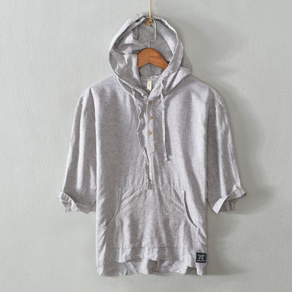 條紋連帽上衣 透氣棉麻服飾,親膚涼爽,輕量通風,適合夏日穿著,復古衣著,休閒服飾,清涼透氣,日系風格,簡約服飾,男裝