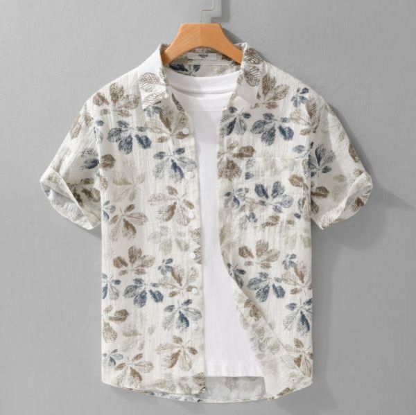 夏季花葉短袖襯衫 透氣棉麻服飾,親膚涼爽,輕量通風,適合夏日穿著,復古衣著,休閒服飾,清涼透氣,日系風格,簡約服飾,男裝,秋冬穿著,中性服飾,春夏穿著,套裝,襯衫,長褲,長袖襯衫,短袖襯衫,西裝褲,長袖,外套,質感,簡約,外套,襯衫式外套