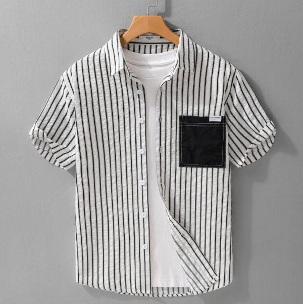 拼接口袋條紋襯衫 透氣棉麻服飾,親膚涼爽,輕量通風,適合夏日穿著,復古衣著,休閒服飾,清涼透氣,日系風格,簡約服飾,男裝,秋冬穿著,中性服飾,春夏穿著,套裝,襯衫,長褲,長袖襯衫,短袖襯衫,西裝褲,長袖,外套,質感,簡約,外套,襯衫式外套