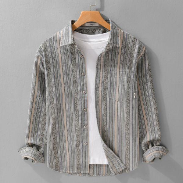 復古條紋長袖襯衫(2色) 透氣棉麻服飾,親膚涼爽,輕量通風,適合夏日穿著,復古衣著,休閒服飾,清涼透氣,日系風格,簡約服飾,男裝,秋冬穿著,中性服飾,春夏穿著,套裝,襯衫,長褲,長袖襯衫,短袖襯衫,西裝褲,長袖,外套,質感,簡約,外套,襯衫式外套