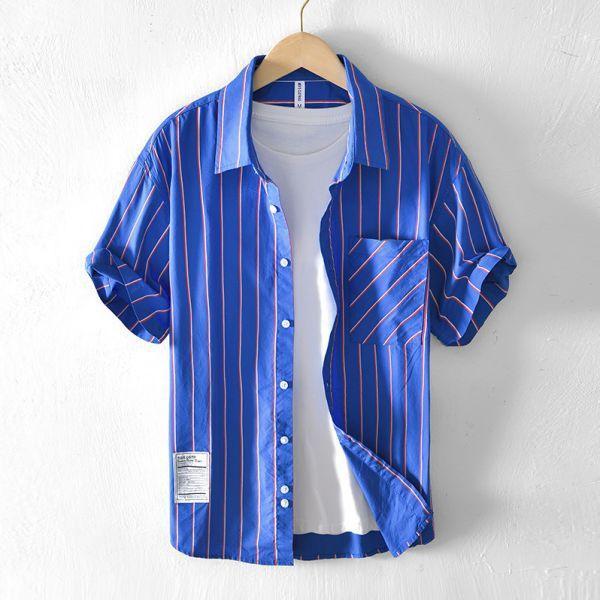 連肩不規則條紋襯衫 透氣棉麻服飾,親膚涼爽,輕量通風,適合夏日穿著,復古衣著,休閒服飾,清涼透氣,日系風格,簡約服飾,男裝,秋冬穿著,中性服飾,春夏穿著