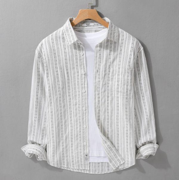 百搭直條紋長袖襯衫 透氣棉麻服飾,親膚涼爽,輕量通風,適合夏日穿著,復古衣著,休閒服飾,清涼透氣,日系風格,簡約服飾,男裝,秋冬穿著,中性服飾,春夏穿著,套裝,襯衫,長褲,長袖襯衫,短袖襯衫,西裝褲,長袖,外套,質感,簡約,外套,襯衫式外套