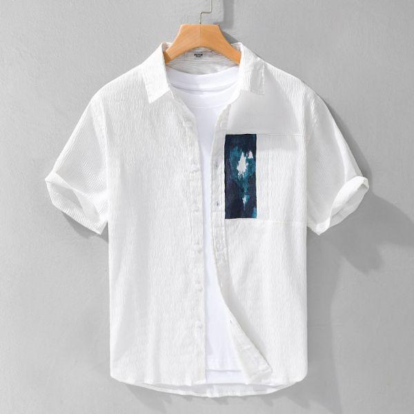 質感拼接短袖襯衫 透氣棉麻服飾,親膚涼爽,輕量通風,適合夏日穿著,復古衣著,休閒服飾,清涼透氣,日系風格,簡約服飾,男裝,秋冬穿著,中性服飾,春夏穿著,套裝