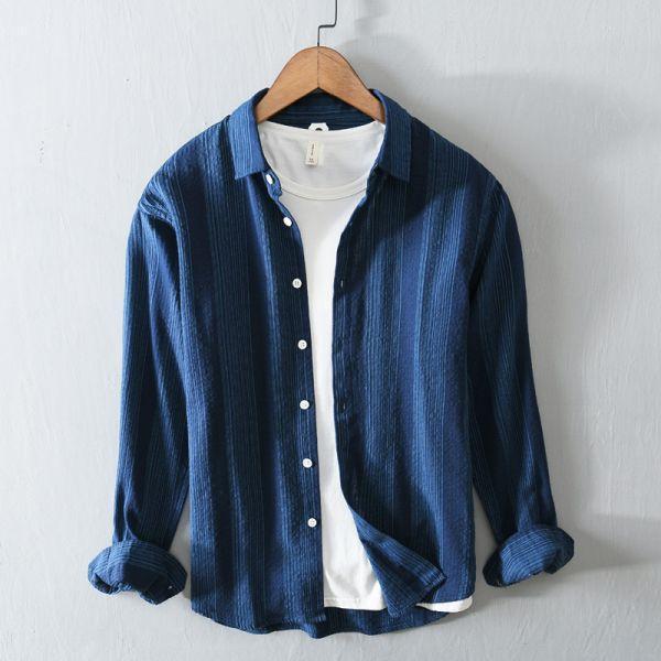 拼色細條紋襯衫 透氣棉麻服飾,親膚涼爽,輕量通風,適合夏日穿著,復古衣著,休閒服飾,清涼透氣,日系風格,簡約服飾,男裝