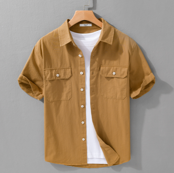 翻領工裝短袖襯衫(3色) 透氣棉麻服飾,親膚涼爽,輕量通風,適合夏日穿著,復古衣著,休閒服飾,清涼透氣,日系風格,簡約服飾,男裝,秋冬穿著,中性服飾,春夏穿著,套裝