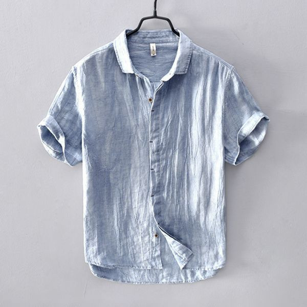 皺褶樸實風襯衫 透氣棉麻服飾,親膚涼爽,輕量通風,適合夏日穿著,復古衣著,休閒服飾,清涼透氣,日系風格,簡約服飾,男裝