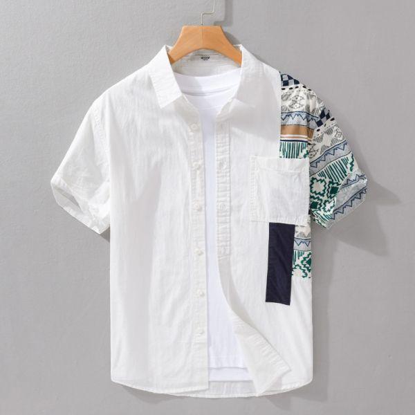 夏季拼接花襯衫(2色) 透氣棉麻服飾,親膚涼爽,輕量通風,適合夏日穿著,復古衣著,休閒服飾,清涼透氣,日系風格,簡約服飾,男裝,秋冬穿著,中性服飾,春夏穿著,套裝