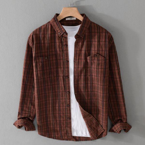 棉質格紋長袖襯衫(2色) 透氣棉麻服飾,親膚涼爽,輕量通風,適合夏日穿著,復古衣著,休閒服飾,清涼透氣,日系風格,簡約服飾,男裝,秋冬穿著,中性服飾,春夏穿著