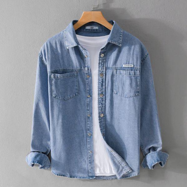 翻領雙口袋牛仔薄襯衫 透氣棉麻服飾,親膚涼爽,輕量通風,適合夏日穿著,復古衣著,休閒服飾,清涼透氣,日系風格,簡約服飾,男裝,秋冬穿著,中性服飾,春夏穿著,套裝