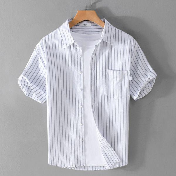 夏季單口袋條紋襯衫(4色) 透氣棉麻服飾,親膚涼爽,輕量通風,適合夏日穿著,復古衣著,休閒服飾,清涼透氣,日系風格,簡約服飾,男裝,秋冬穿著,中性服飾,春夏穿著,套裝