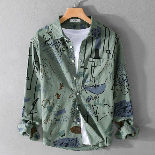 翻領印花長袖襯衫(2色) 透氣棉麻服飾,親膚涼爽,輕量通風,適合夏日穿著,復古衣著,休閒服飾,清涼透氣,日系風格,簡約服飾,男裝,秋冬穿著,中性服飾,春夏穿著,套裝