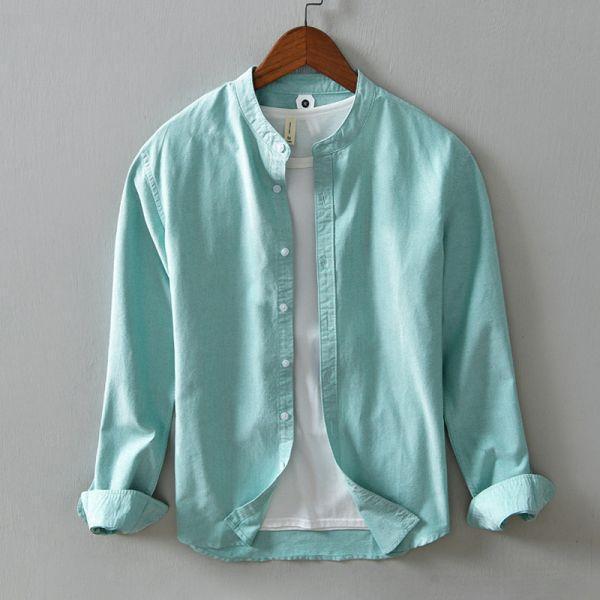 立領日常長袖襯衫 透氣棉麻服飾,親膚涼爽,輕量通風,適合夏日穿著,復古衣著,休閒服飾,清涼透氣,日系風格,簡約服飾,男裝