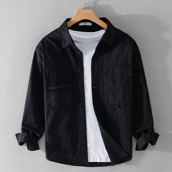 雙口袋工裝長袖襯衫 透氣棉麻服飾,親膚涼爽,輕量通風,適合夏日穿著,復古衣著,休閒服飾,清涼透氣,日系風格,簡約服飾,男裝,秋冬穿著,中性服飾,春夏穿著,套裝