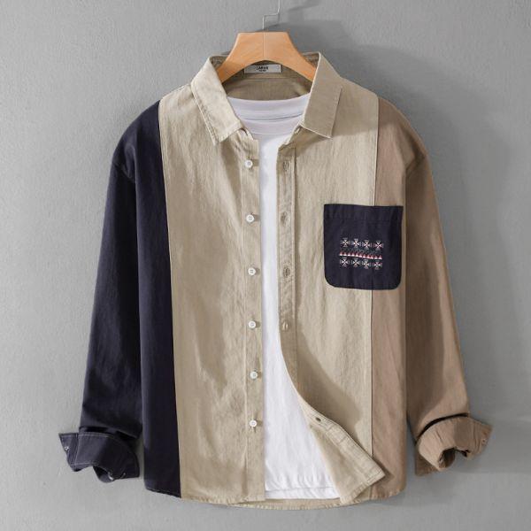 質感拼接休閒襯衫(2色) 透氣棉麻服飾,親膚涼爽,輕量通風,適合夏日穿著,復古衣著,休閒服飾,清涼透氣,日系風格,簡約服飾,男裝,秋冬穿著,中性服飾,春夏穿著,套裝