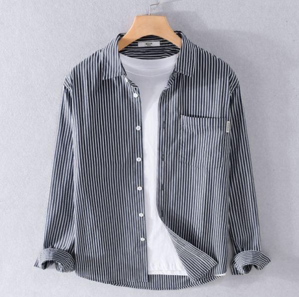 翻領直條紋長袖襯衫(2色) 透氣棉麻服飾,親膚涼爽,輕量通風,適合夏日穿著,復古衣著,休閒服飾,清涼透氣,日系風格,簡約服飾,男裝,秋冬穿著,中性服飾,春夏穿著