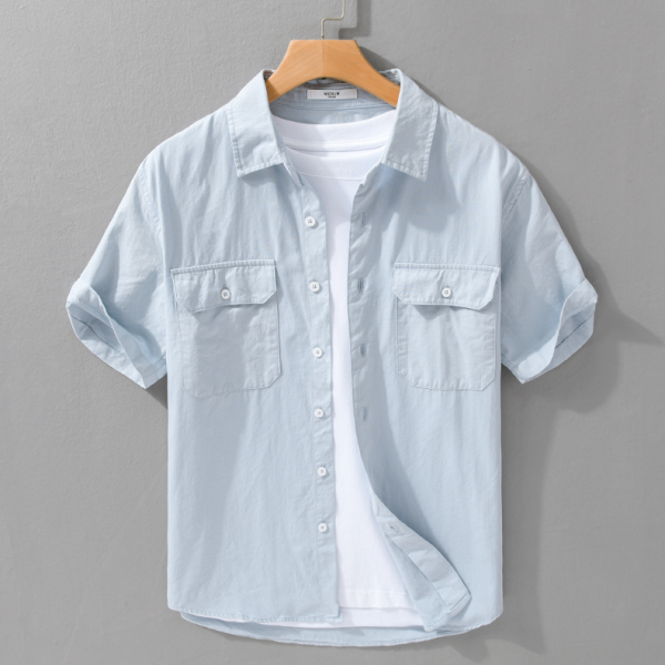 翻領工裝短袖襯衫(3色) 透氣棉麻服飾,親膚涼爽,輕量通風,適合夏日穿著,復古衣著,休閒服飾,清涼透氣,日系風格,簡約服飾,男裝,秋冬穿著,中性服飾,春夏穿著,套裝