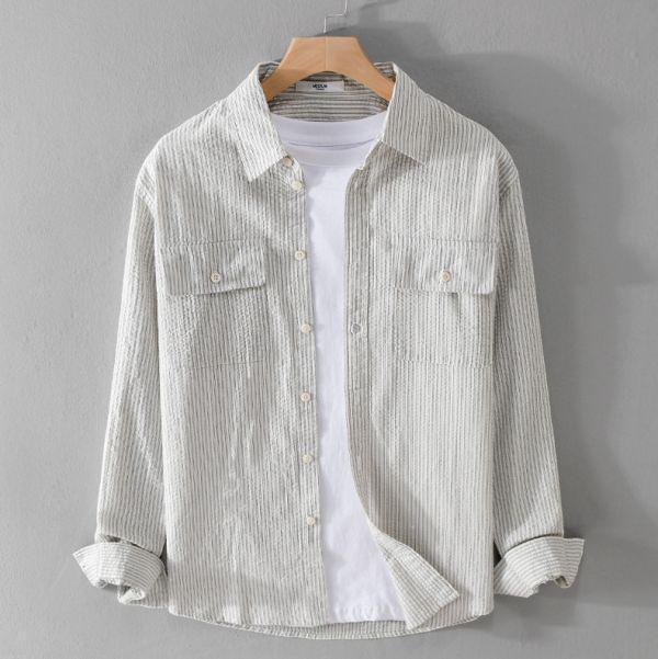 質感條紋長袖襯衫 透氣棉麻服飾,親膚涼爽,輕量通風,適合夏日穿著,復古衣著,休閒服飾,清涼透氣,日系風格,簡約服飾,男裝,秋冬穿著,中性服飾,春夏穿著,套裝