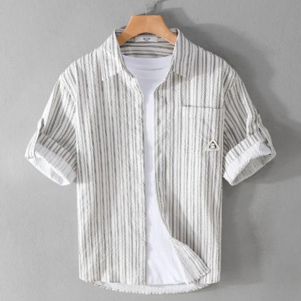 夏季條紋單口袋襯衫(2色) 透氣棉麻服飾,親膚涼爽,輕量通風,適合夏日穿著,復古衣著,休閒服飾,清涼透氣,日系風格,簡約服飾,男裝,秋冬穿著,中性服飾,春夏穿著,套裝