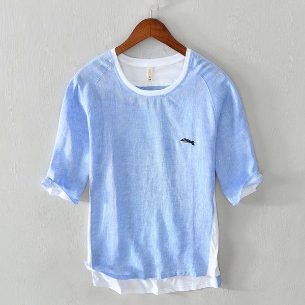 拼接短袖T恤(2色) 透氣棉麻服飾,親膚涼爽,輕量通風,適合夏日穿著,復古衣著,休閒服飾,清涼透氣,日系風格,簡約服飾,男裝