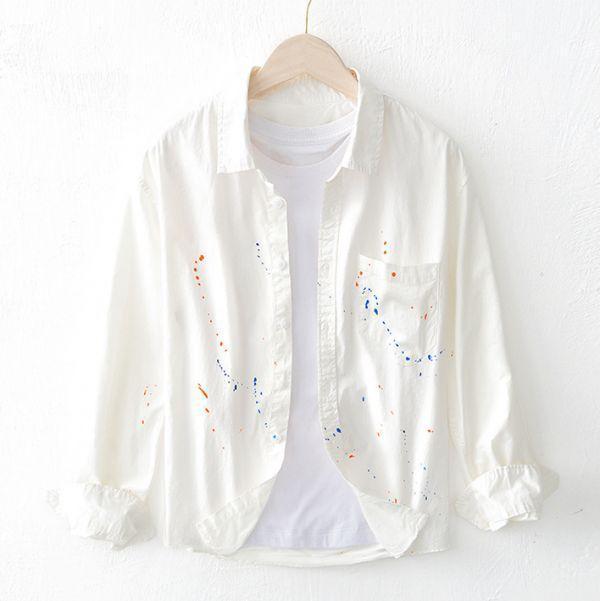 潑漆印花長袖襯衫 透氣棉麻服飾,親膚涼爽,輕量通風,適合夏日穿著,復古衣著,休閒服飾,清涼透氣,日系風格,簡約服飾,男裝,秋冬穿著,中性服飾,春夏穿著