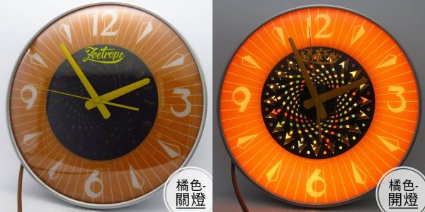 Zoetrope回憶球電花鐘-橘色 70S,復刻,復古,電鐘,電花鐘,萬花筒,光時計,居家,掛鐘,MIT,VINTAGE,Zoetrope,Phenakistoscope,視覺暫留,老派,老派生活,BAKKU,普普風