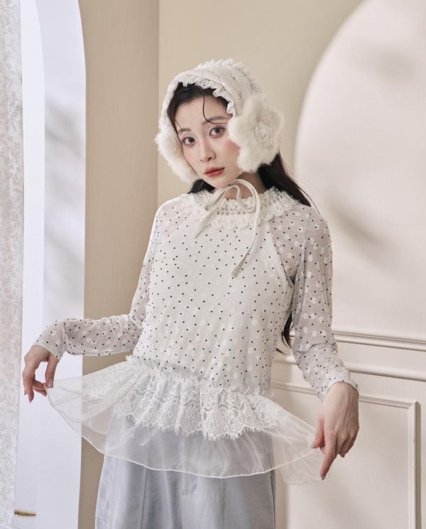 點點浪花上衣-白色圓領/高領（現貨） 