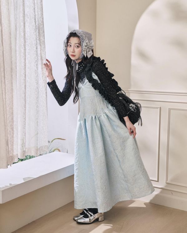 設計款提花2way吊帶洋裝-藍色（現貨） 