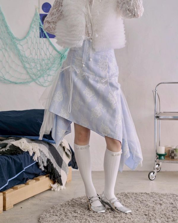 立體紗影不規則半身裙-藍 
