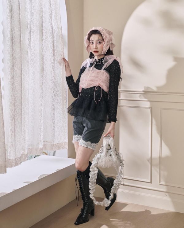 泡泡抽繩蝴蝶結背心-粉色（現貨） 