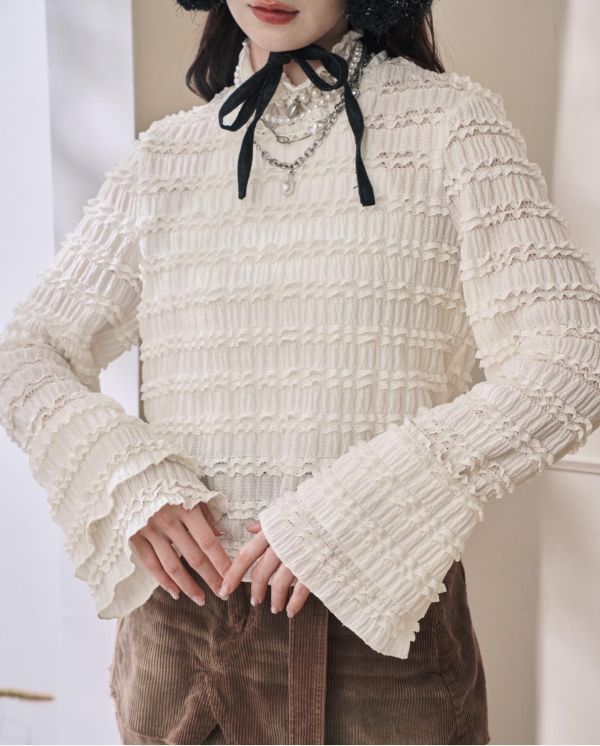 2色千層浪花喇叭袖內搭-白色/米黃色（現貨） 