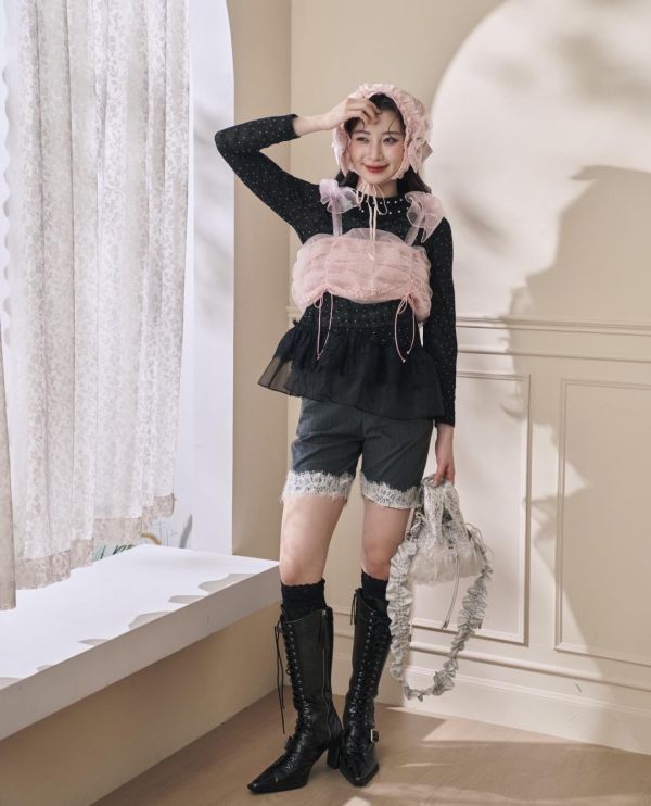 泡泡抽繩蝴蝶結背心-粉色（現貨） 