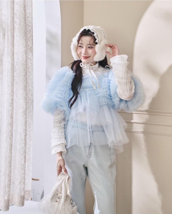 浪花透紗綁帶上衣-藍色（現貨） 