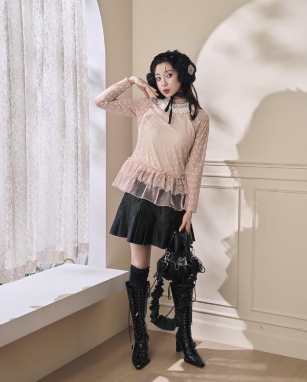 點點浪花上衣-粉色圓領/高領（現貨） 