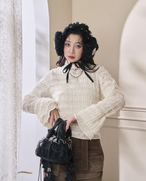 2色千層浪花喇叭袖內搭-白色/米黃色（現貨） 