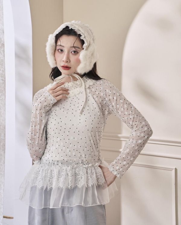 點點浪花上衣-白色圓領/高領（現貨） 