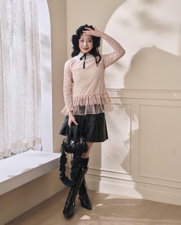 點點浪花上衣-粉色圓領/高領（現貨） 