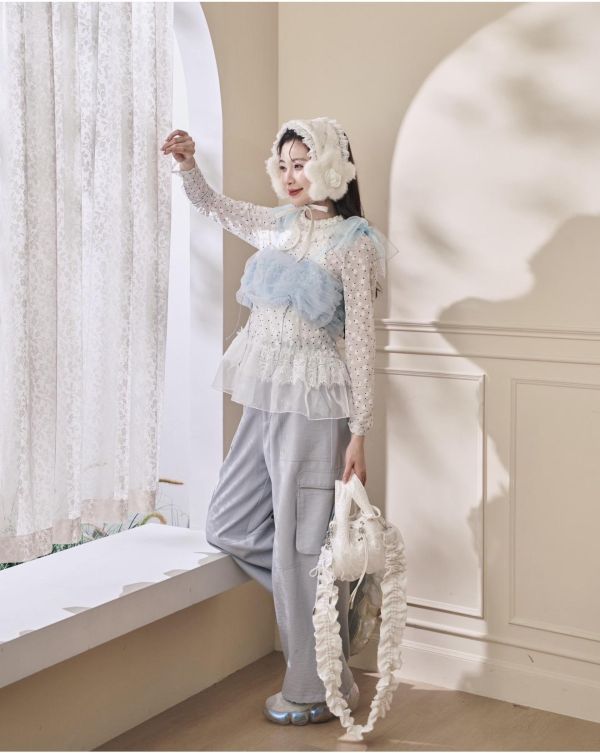 泡泡抽繩蝴蝶結背心-水藍色（現貨） 