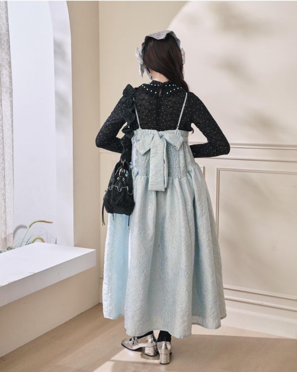 設計款提花2way吊帶洋裝-藍色（現貨） 