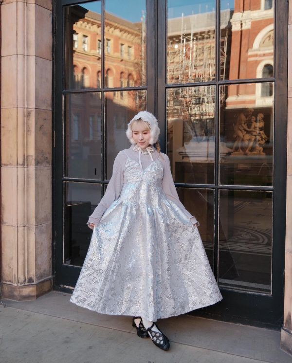 限定版提花2way吊帶洋裝銀色（現貨） 