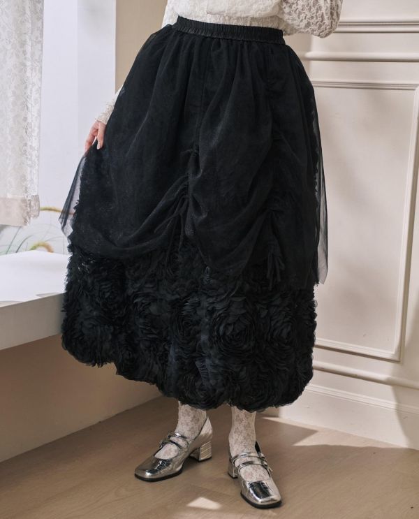 立體花朵紗雙層裙-黑色（現貨） 