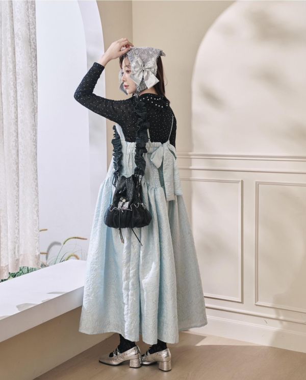 設計款提花2way吊帶洋裝-藍色（現貨） 