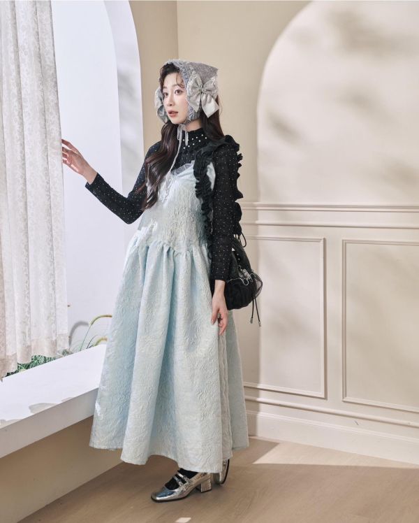 設計款提花2way吊帶洋裝-藍色（現貨） 