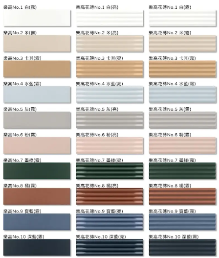 樂高 品名：樂高

三十款：白、米、卡其、水藍、灰、粉、墨綠、橘、寶藍、深藍

規格：霧面、亮面 5*20 CM   324片/坪

厚度：8mm

產地：西班牙